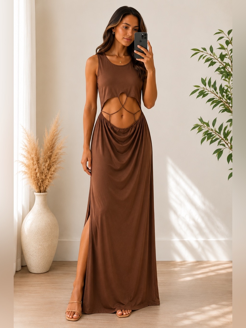 Derek Heart Brown Cutout Maxi Dress - Picture 1 of 6